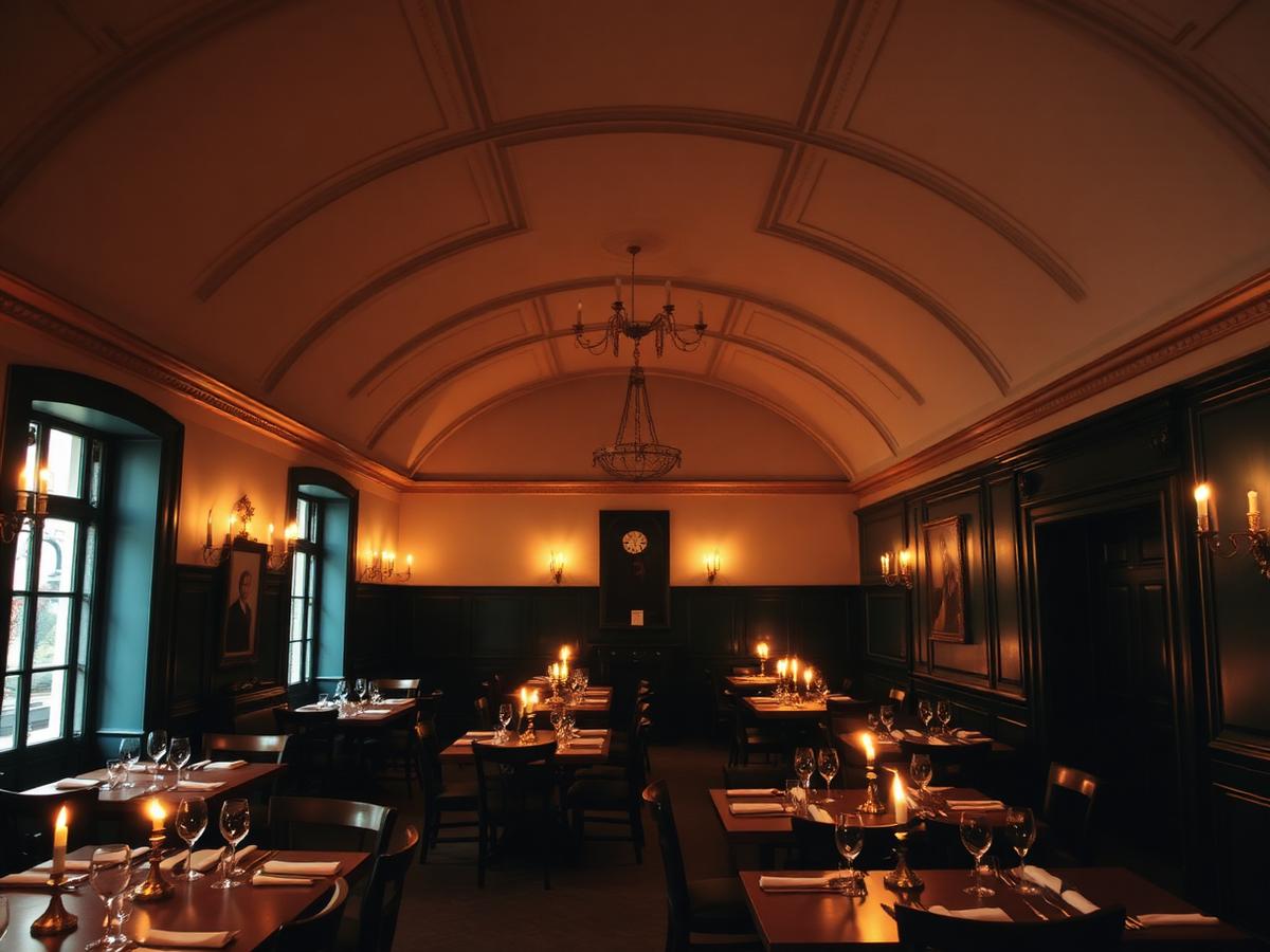Klenutý sál restaurace se svícemi a prostřenými stoly